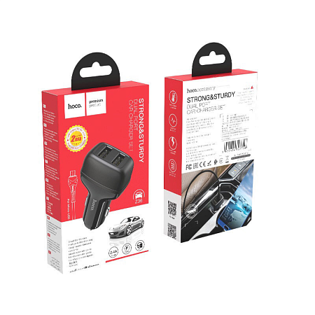 Автомобильное зарядное устройство, 2 USB 2.4A (Z36), usb cable micro, HOCO, черный