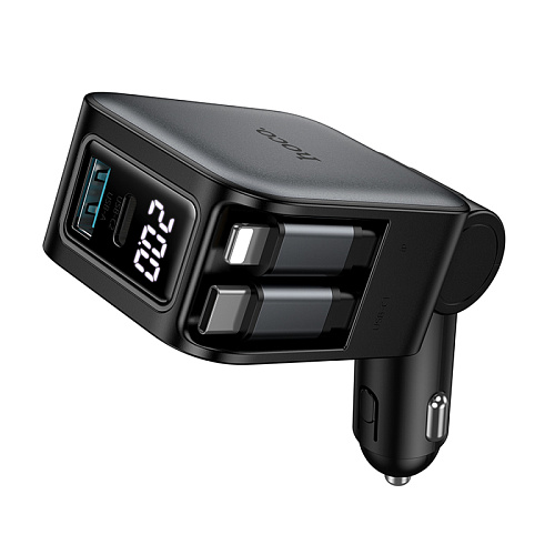 Автомобильное зарядное устройство, 1 USB QC3.0+1 PD 30W + кабель Type-C и кабель Lightning выдвижные(Z67A), HOCO, черный