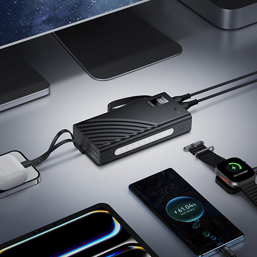 Универсальный Доп. Аккумулятор 20000mAh, J155, HOCO, выход: 2 USB, 1 PD (20W), кабель: Type-C, Lightning, Micro, черный