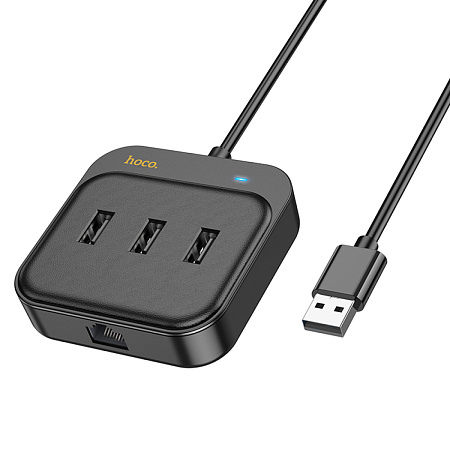 USB Хаб (HB35) с 1 USB на 3 USB 2.0+RJ45, HOCO, L=1.2M, черный
