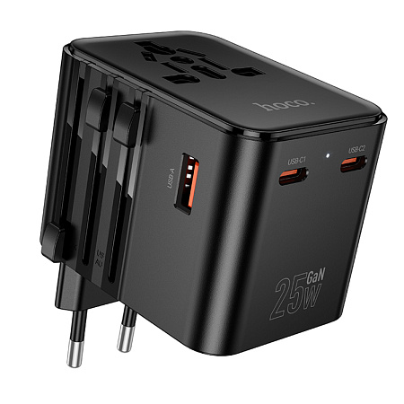Переходник на розетку (все виды), 2 PD+1 USB, AC31, HOCO, черный