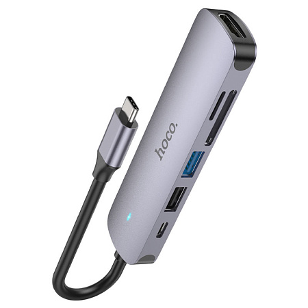 USB Хаб (HB28) c 1 Type-C на 1 USB 3.0 + 1 USB 2.0+1 USB-C+HDMI+MicroSD+SD, HOCO, металлический серый