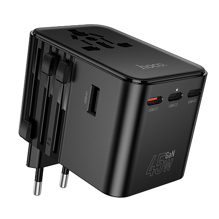 Переходник на розетку (все виды), 3 PD+2 USB, AC32, HOCO, черный