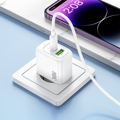 Сетевое зарядное устройство, 1 USB 3.0 QC+1 PD 30W (CS55A), HOCO, Type-C to Lightning, белый