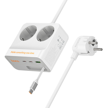 Сетевой фильтр на 2 розетки +1 USB+2 PD, кабель Type-C, 2м, AC28, HOCO, белый