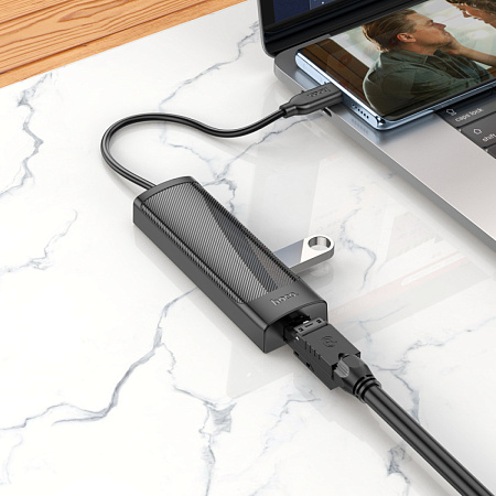 USB Хаб (HB42) с 1 Type-C на 3 USB 3.0+RJ45, HOCO, L=0.2M, черный