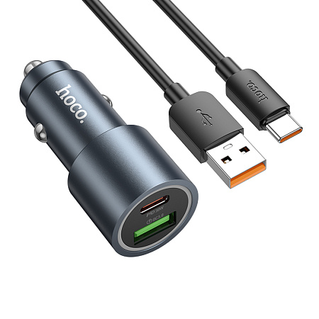 Автомобильное зарядное устройство, 1 USB QC3.0 18W, 1 PD 30W (Z60), HOCO, кабель Type-C, серый
