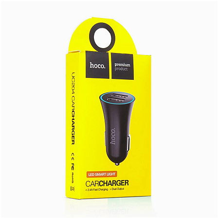 Автомобильное зарядное устройство, 2 USB 2.4A (UC204), HOCO, черный