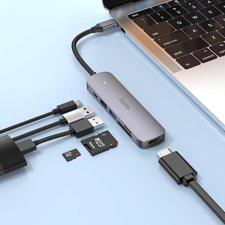 USB Хаб (HB28) c 1 Type-C на 1 USB 3.0 + 1 USB 2.0+1 USB-C+HDMI+MicroSD+SD, HOCO, металлический серый