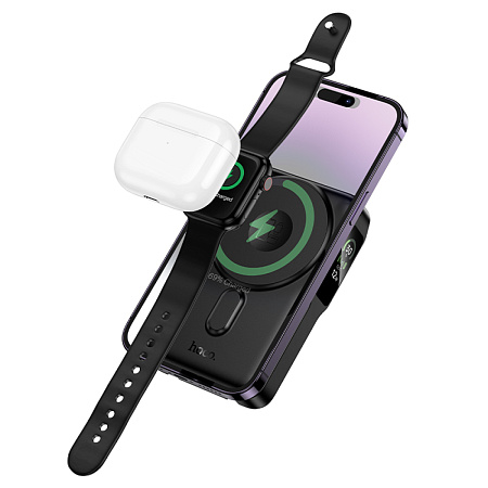 Универсальный Доп. Аккумулятор 10000mAh, Q48, HOCO, 1 PD 20W, MagSafe, кабели: Type-C, Lightning, подставка, черный