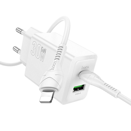 Сетевое зарядное устройство, 1 PD 30W + 1 USB 3.0 QC (N71), HOCO, Type-C to Lightning, белый