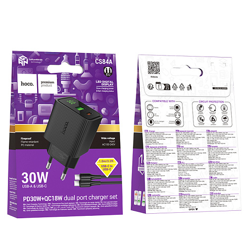 Сетевое зарядное устройство, 1 PD 30W + 1 USB 3.0 QC (CS84A), HOCO, Type-C to Type-C, с дисплеем, черный