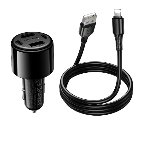 Автомобильное зарядное устройство, 2 USB 5V/2.4A + 2 PD 5V/2.4A (Z69), HOCO, usb cable lightning, с подсветкой, черный