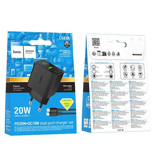 Сетевое зарядное устройство, 1 PD 20W + 1 USB 3.0 QC (CS83A), HOCO, Type-C to Lightning, с дисплеем, черный