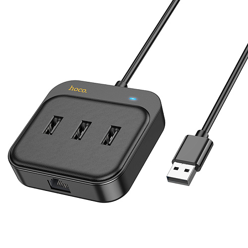 USB Хаб (HB35) с 1 USB на 3 USB 2.0+RJ45, HOCO, L=1.2M, черный
