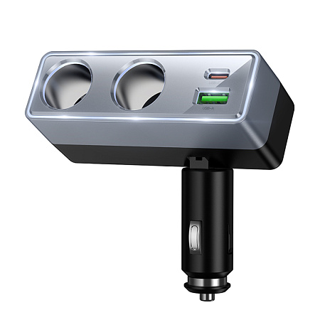 Разветвитель прикуривателя на 1 USB QC3.0 18W + 1 PD 30W + 2 прикуривателя Z65B, HOCO, серый