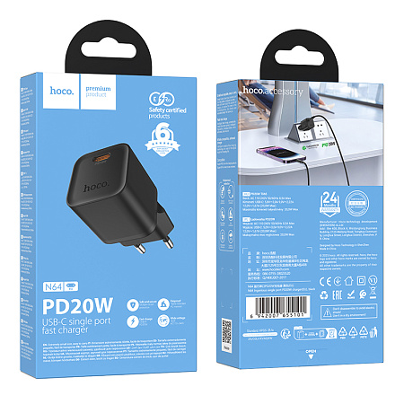 Сетевое зарядное устройство, 1 PD 20W  (N64), HOCO, цвет черный