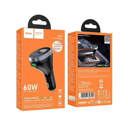 Разветвитель прикуривателя на 2 PD 60W +1 USB +1 прикуриватель, Z61A, с дисплеем, черный