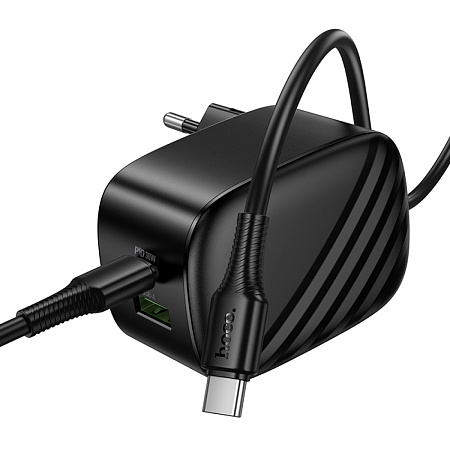 Сетевое зарядное устройство, 1 PD 30W + 1 USB 3.0 QC (CS102A), HOCO, Type-C to Type-C, складное, черный