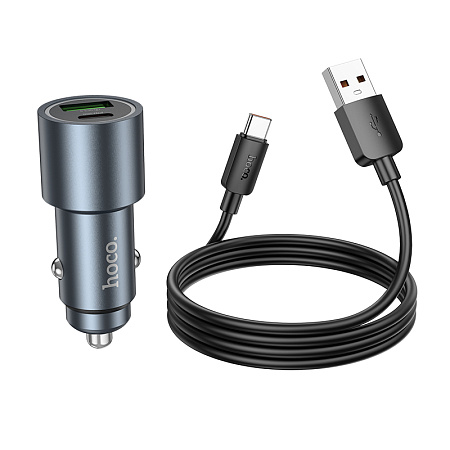 Автомобильное зарядное устройство, 1 USB QC3.0 18W, 1 PD 30W (Z60), HOCO, кабель Type-C, серый