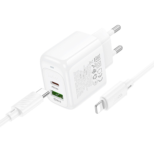 Сетевое зарядное устройство, 1 USB 3.0 QC+1 PD 30W (CS55A), HOCO, Type-C to Lightning, белый