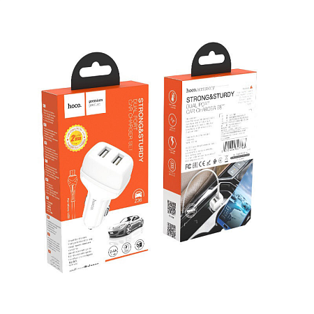Автомобильное зарядное устройство, 2 USB 2.4A (Z36), usb cable micro, HOCO, белый