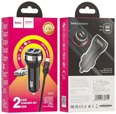 Автомобильное зарядное устройство, 2 USB 2.4A (Z40), HOCO, черный