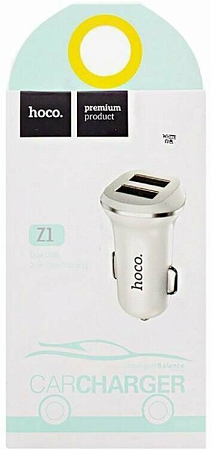 Автомобильное зарядное устройство, 2 USB 2.1A (Z1), usb cable lightning, HOCO, белый