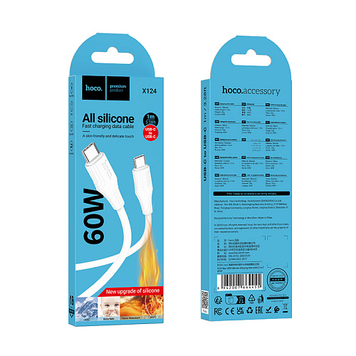 Кабель Type-C на Type-C, HOCO, X124, силиконовый, 1м, 60W, белый