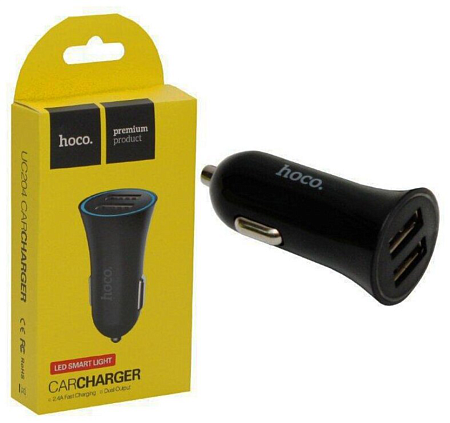 Автомобильное зарядное устройство, 2 USB 2.4A (UC204), HOCO, черный