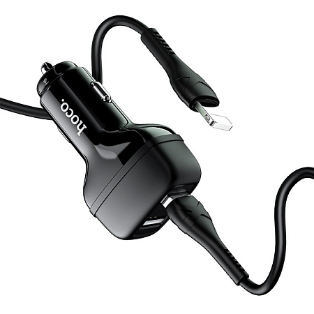 Автомобильное зарядное устройство, 2 USB 2.4A (Z36), usb cable lightning, HOCO, черный