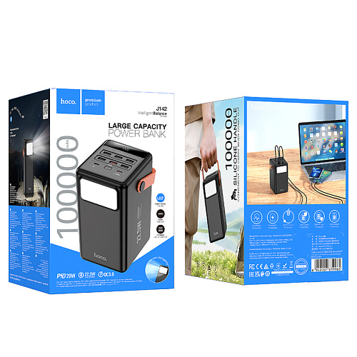 Универсальный Доп. Аккумулятор 100000mAh, J142, HOCO, выход: 6 USB, 1 PD 20W, черный