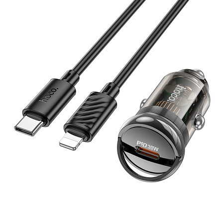 Автомобильное зарядное устройство, 1 PD 30W (Z53), HOCO, кабель Type-С to Lightning, черный с прозрачным