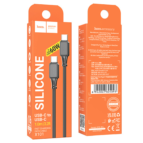 Кабель Type-C на Type-C, HOCO, X101, 1м, 60W, черный