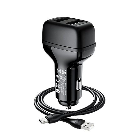 Автомобильное зарядное устройство, 2 USB 2.4A (Z36), usb cable micro, HOCO, черный