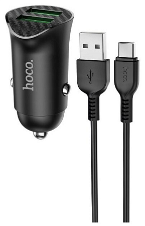 Автомобильное зарядное устройство, 2 USB 3.0 QC (Z39), 18W, HOCO, кабель Type-C, черный