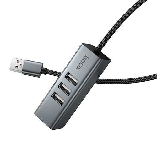 USB Хаб (HB1D) c 1 USB на 3 USB+RJ45, HOCO, скорость передачи: до 480 Мбит/с, серый