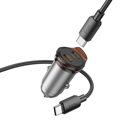 Автомобильное зарядное устройство, 2 PD 45W (NZ16B), HOCO, Type-C to Type-C, серый