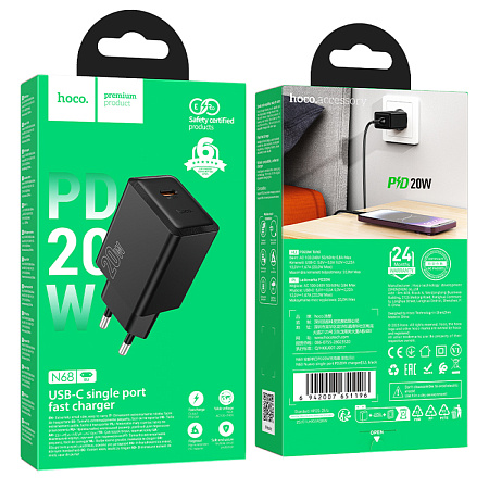 Сетевое зарядное устройство, 1 PD 20W (N68), HOCO, цвет черный