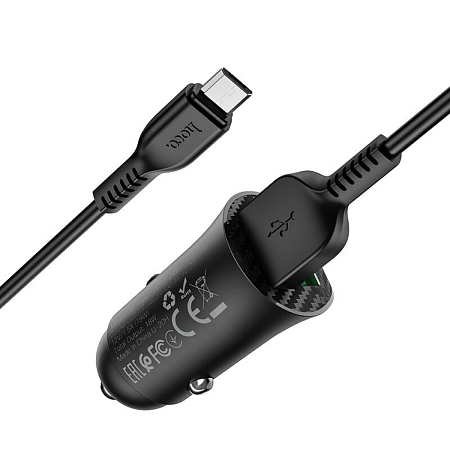 Автомобильное зарядное устройство, 2 USB 3.0 QC (Z39), 18W, HOCO, кабель Micro, черный
