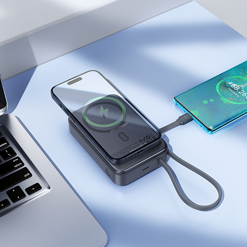 Универсальный Доп. Аккумулятор 20000mAh, Q44A, HOCO, 1 PD 45W, беспроводная зарядка (MagSafe), с кабелем Type-C, серый