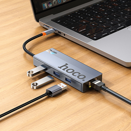 USB Хаб (HB51) с 1 Type-C на HDTV+RJ45+PD+3 USB 3.0, HOCO, серый
