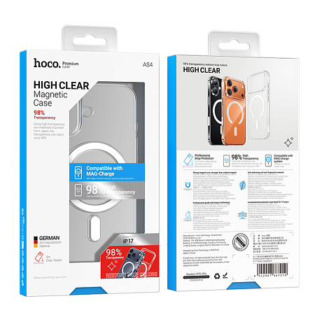 Чехол для iPhone 17, PC+TPU, Магнитный (MagSafe), AS4, HOCO, прозрачный
