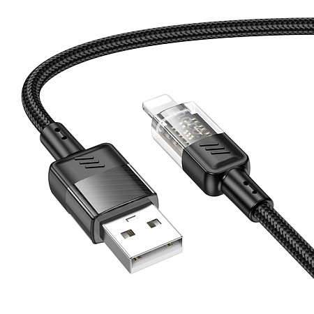 USB дата кабель Lightning, HOCO, U129, 1.2м, черный с прозрачным