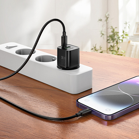 Сетевое зарядное устройство, 1 PD 20W + 1 USB 3.0 QC (N65), HOCO, Type-C to Lightning, черный