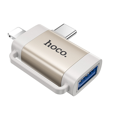 Переходник 2 в 1, с Type-C/lightning (папа) на USB (мама), UA31F, HOCO, серый