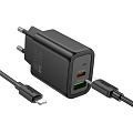 Сетевое зарядное устройство, 1 USB 3.0 QC+1 PD 30W (N63), HOCO, Type-C to Lightning, черный