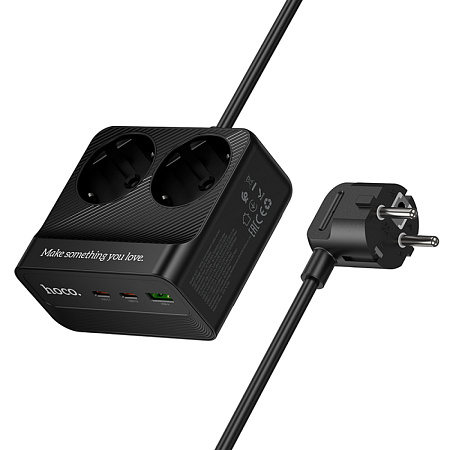 Сетевой фильтр на 2 розетки +1 USB+2 PD, 2м, AC27, HOCO, черный