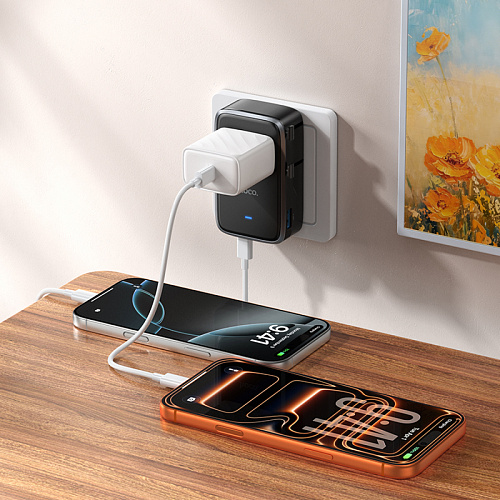 Переходник на розетку (все виды), 2 PD+1 USB, AC35, HOCO, черный