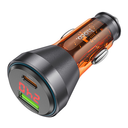 Автомобильное зарядное устройство, 1 USB QC3.0 18W, 1 PD 30W с дисплеем (NZ12B), HOCO, оранжевый с прозрачным